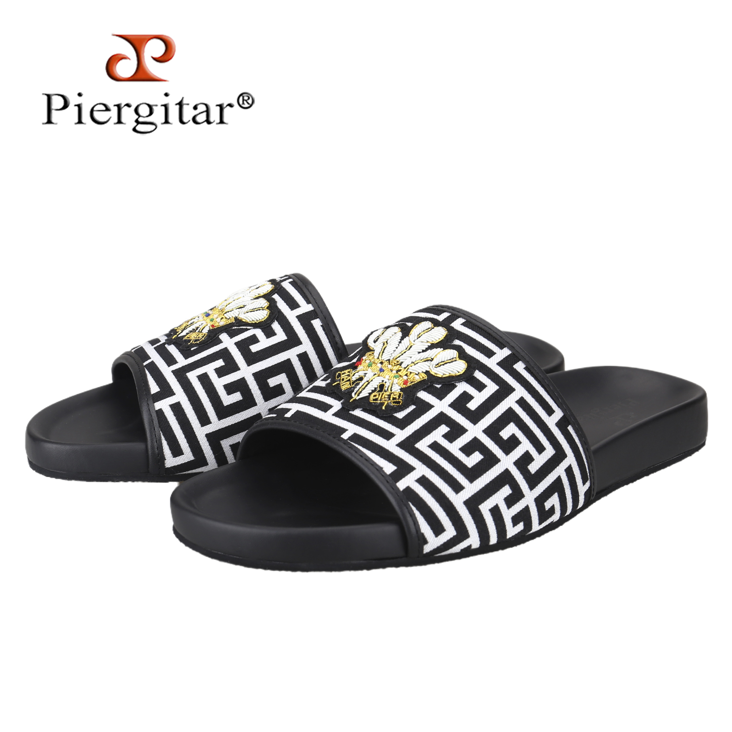 Flip Flop Leather Men - Piergitar zomermodel zwart-wit bedrukt canvas herenslippers
